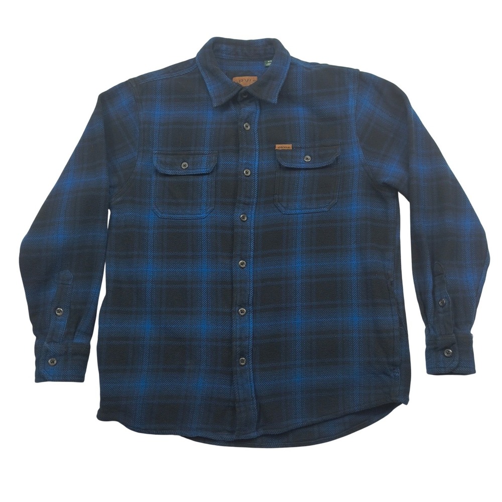 Orvis Mens Heavyweight Flannel Shirt Blue Black Plaid Button Up Size Medium 565